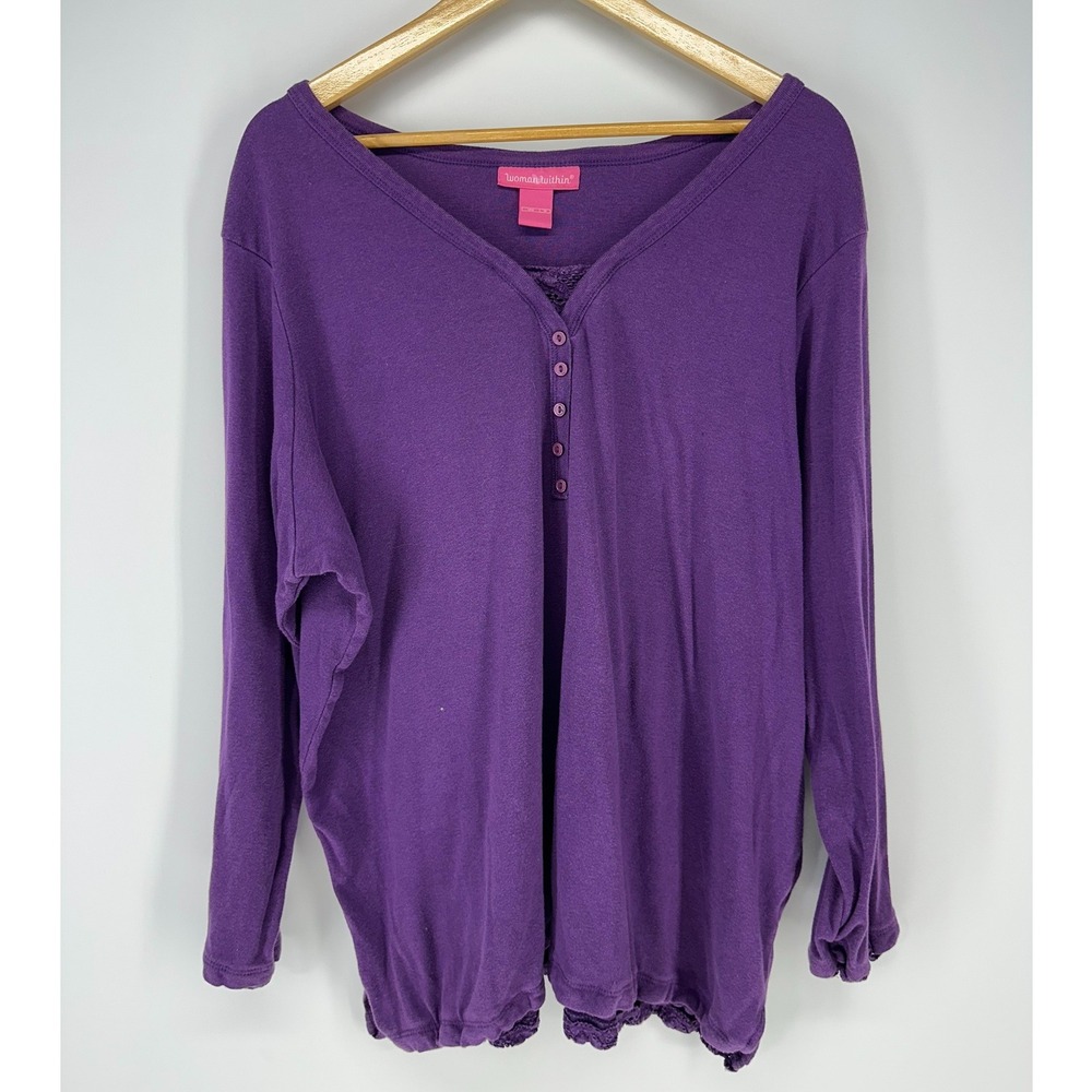 Woman Within Henley Top Womens 1X Purple Lace Trim Long Sleeve V-Neck Plus Size